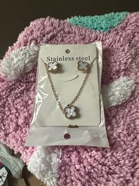 Gold Stainless Steel White Clover Necklace and Earrings Set
